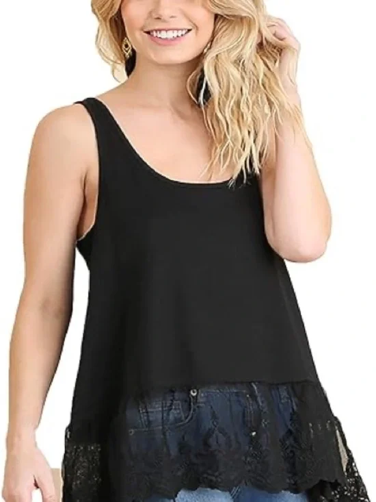 Umgee Black Sleeveless Lace Extender Tank- Black - Picture 2 of 7